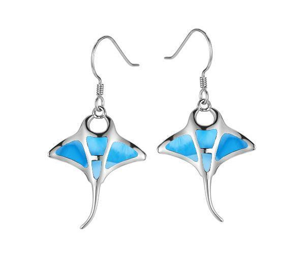 The picture shows a pair of 925 sterling silver larimar manta ray hook earrings.