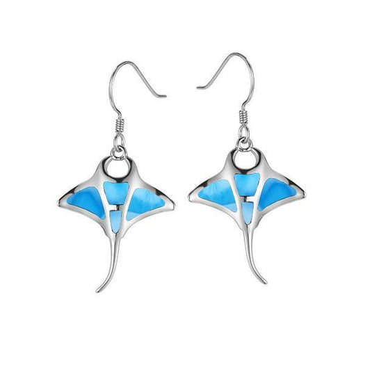 The picture shows a pair of 925 sterling silver larimar manta ray hook earrings.