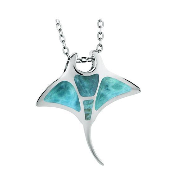 The picture shows a small 925 sterling silver larimar manta ray pendant.