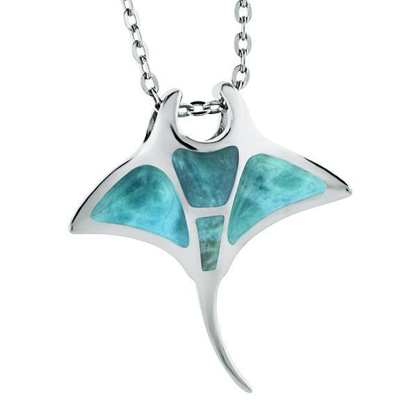 The picture shows a large 925 sterling silver larimar manta ray pendant.