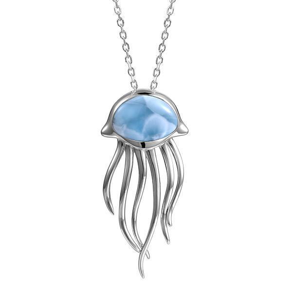 The picture shows a 925 sterling silver larimar medusa jellyfish pendant.