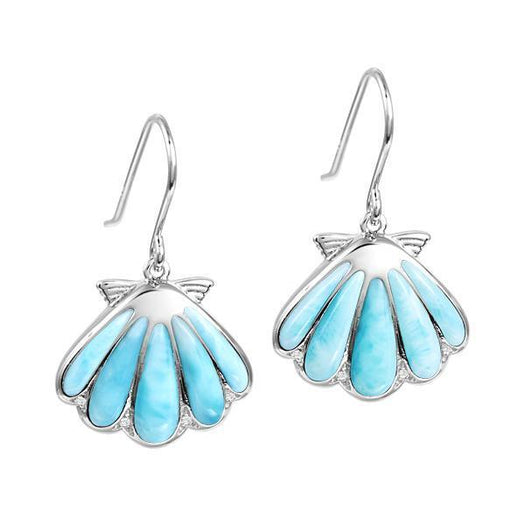 The picture shows a pair of 925 sterling silver larimar mermaid's oyster shell hook earrings.