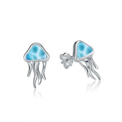 The picture shows a pair of 925 sterling silver larimar moon jellyfish stud earrings.