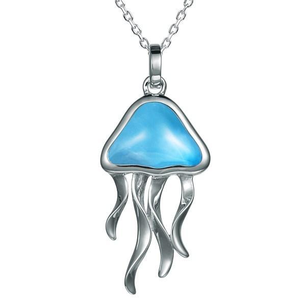 The picture shows a 925 sterling silver larimar moon jellyfish pendant.