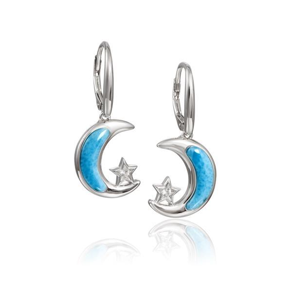 The picture shows a pair of 925 sterling silver larimar moon and star lever-back earrings.
