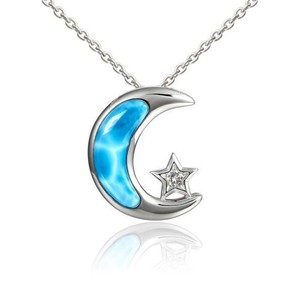 The picture shows a 925 sterling silver larimar moon and star pendant with topaz.