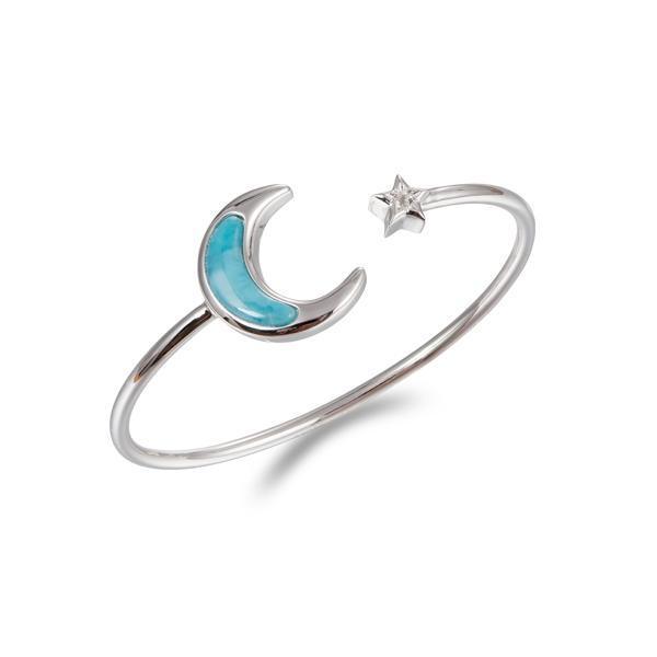 The picture shows a 925 sterling silver larimar moon and star sleek bangle with topaz.