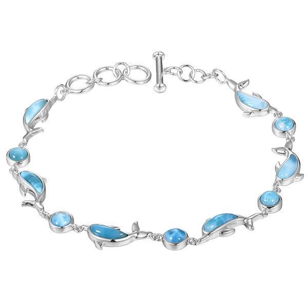 The picture shows a 925 sterling silver larimar dolphin bracelet.