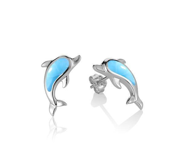 The picture shows a pair of 925 sterling silver larimar dolphin stud earrings.