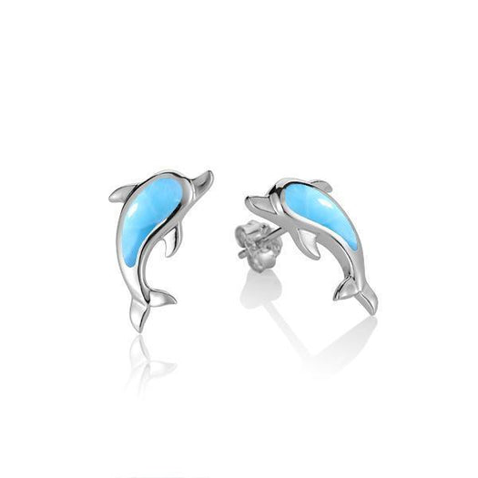 The picture shows a pair of 925 sterling silver larimar dolphin stud earrings.