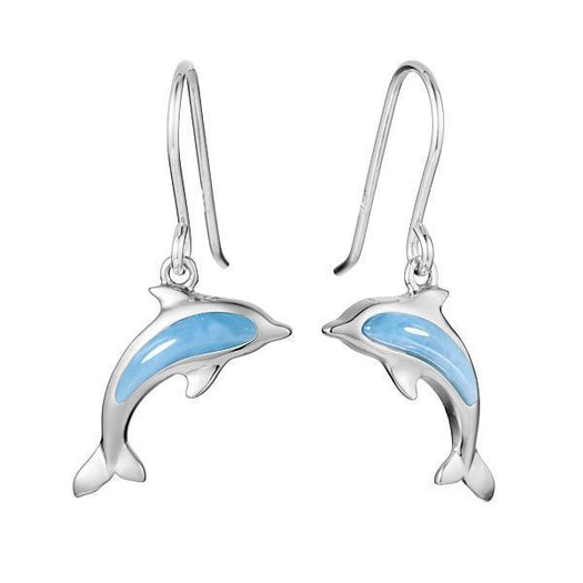 The picture shows a small pair of 925 sterling silver larimar dolphin hook earrings.