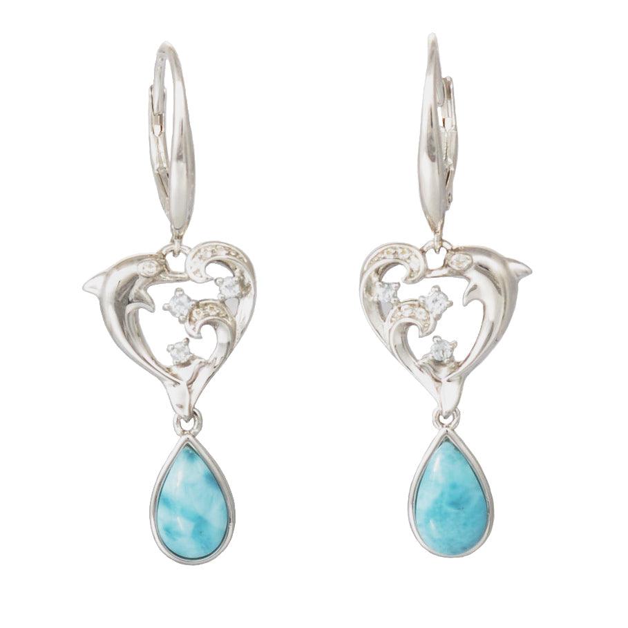 The photo shows a pair of larimar sterling silver earrings featuring our dolphin design. 