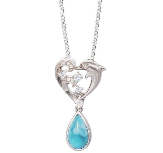 The picture shows a sterling silver larimar dolphin pendant with a heart and wave motif, aquamarines, and topaz.