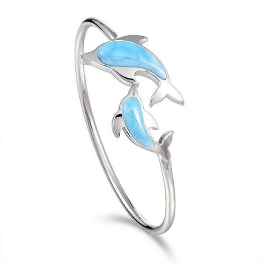 The picture shows a 925 sterling silver two dolphin lovers bangle with larimar.