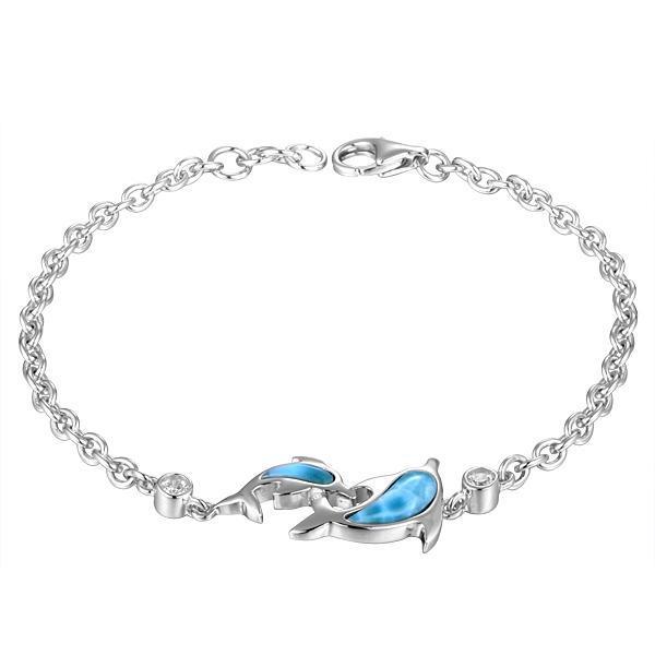 The picture shows a 925 sterling silver larimar two dolphin lovers bracelet with topaz.