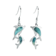 The picture shows a pair of 925 sterling silver larimar two dolphin lovers hook earrings.