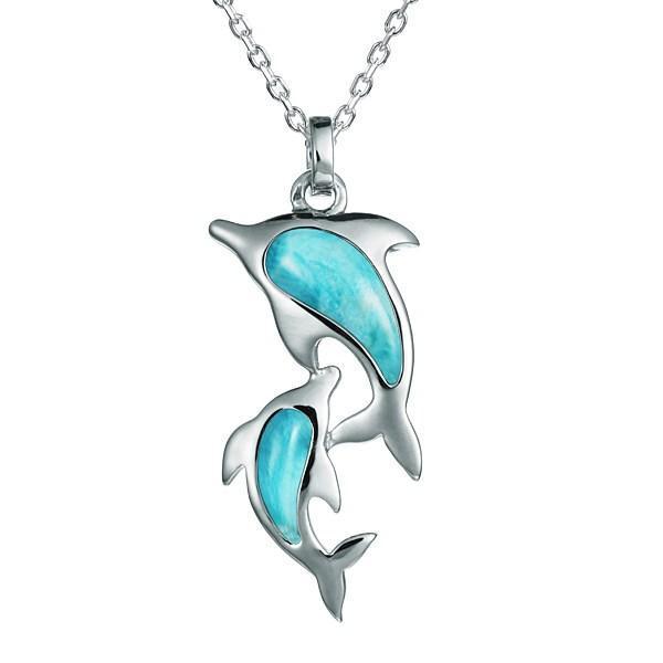 The picture shows a 925 sterling silver larimar two dolphin lovers pendant.