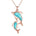 The picture shows a 14K rose gold two dolphin pendant with larimar gemstones.