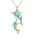 The picture shows a 14K yellow gold two dolphin pendant with larimar gemstones.