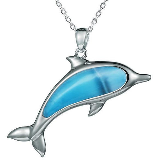 The picture shows a 925 sterling silver larimar dolphin pendant.