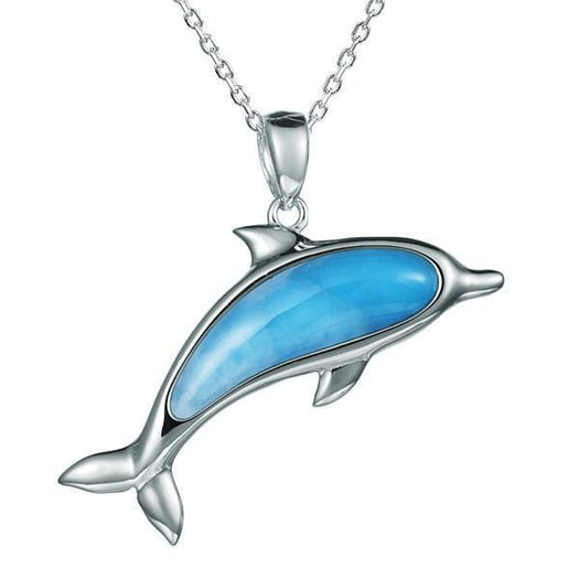 The picture shows a 925 sterling silver larimar dolphin pendant.
