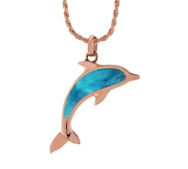 The picture shows a 14K rose gold dolphin pendant with a larimar gemstone.