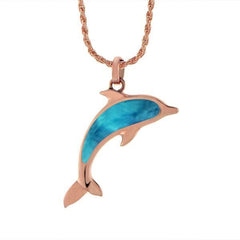 The picture shows a 14K rose gold dolphin pendant with a larimar gemstone.
