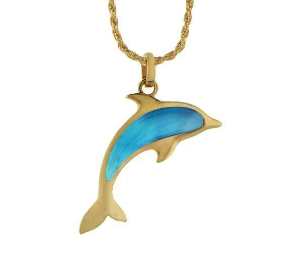 The picture shows a 14K yellow gold dolphin pendant with a larimar gemstone.