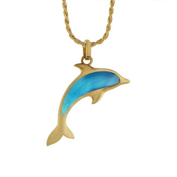 The picture shows a 14K yellow gold dolphin pendant with a larimar gemstone.