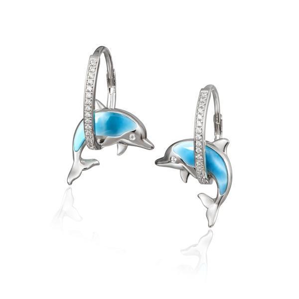 The picture shows a pair of 925 sterling silver larimar dolphin in a hoop earrings with topaz