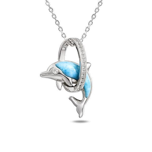 The picture shows a 925 sterling silver larimar dolphin through circle pendant with topaz.