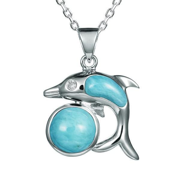 The picture shows a 925 sterling silver larimar dolphin and circle pendant with cubic zirconia.