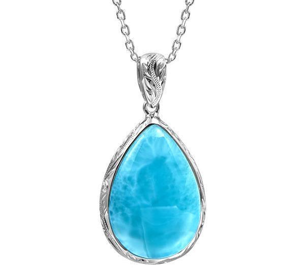 The picture shows a 925 sterling silver larimar teardrop pendant.