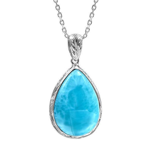 The picture shows a 925 sterling silver larimar teardrop pendant.