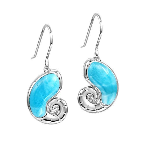 The picture shows a pair of 925 sterling silver larimar shell hook earrings.