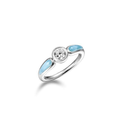 The picture shows a 925 sterling silver ring with larimar gemstones and topaz.