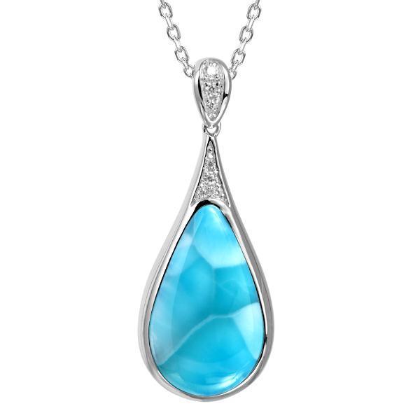 The picture shows a 925 sterling silver larimar teardrop pendant with topaz.