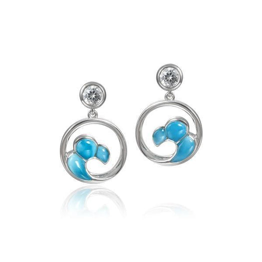 The picture shows a pair of 925 sterling silver larimar wave earrings with topaz
