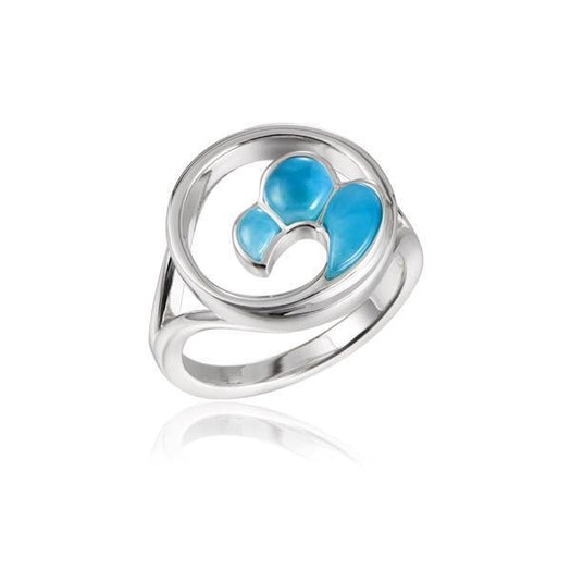 The picture shows a 925 sterling silver wave ring with larimar gemstones with a split band