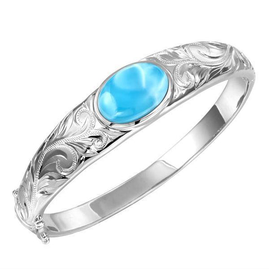 The picture shows a 925 sterling silver bangle with one oval larimar gemstone and engravings.