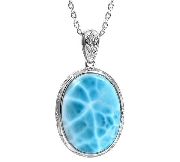 The picture shows a 925 sterling silver oval larimar pendant with hand engravings.