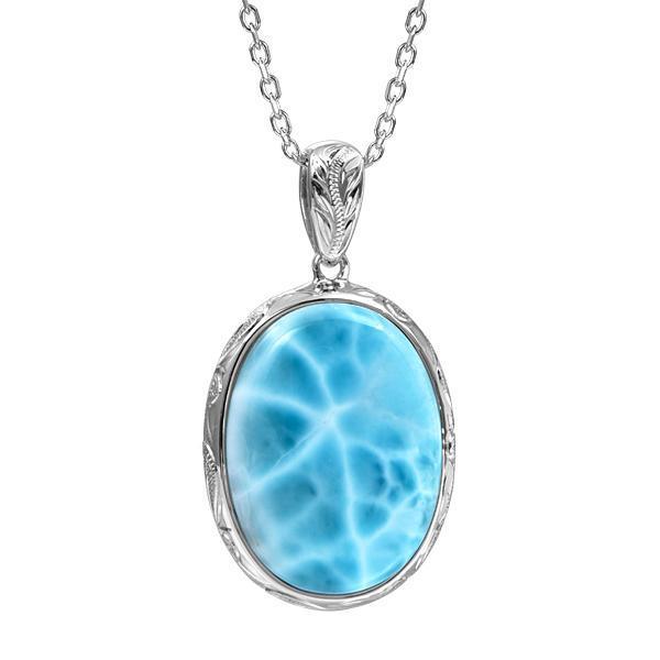 The picture shows a 925 sterling silver oval larimar pendant with hand engravings.