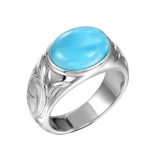 The picture shows a 925 sterling silver larimar oval ring with engravings on the band.