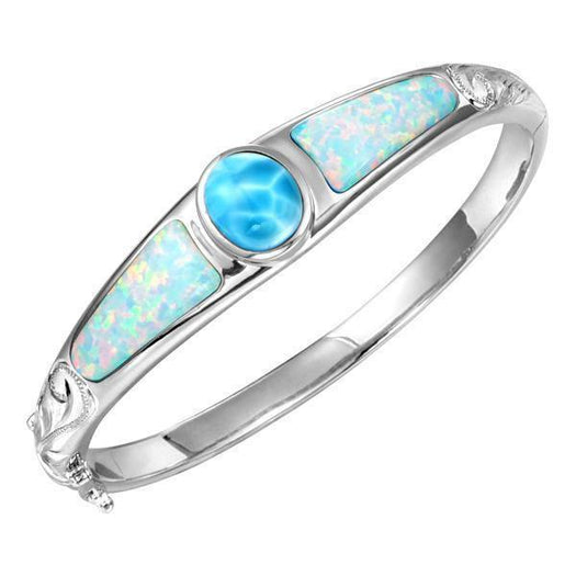 The picture shows a 925 sterling silver bangle with one larimar gemstone centered by two opalite gemstones.