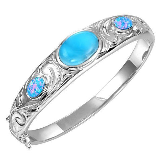 The picture shows a 925 sterling silver bangle with one larimar gemstone centered by two opalite gemstones with hand-engravings.