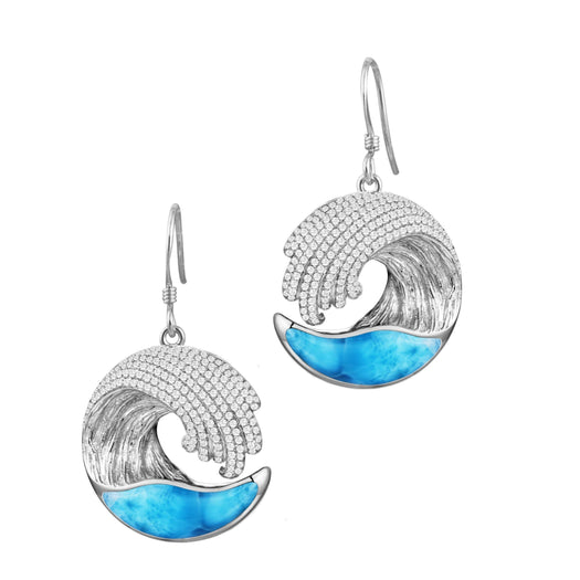 The picture shows 14k white gold larimar ocean wave earrings with diamonds.