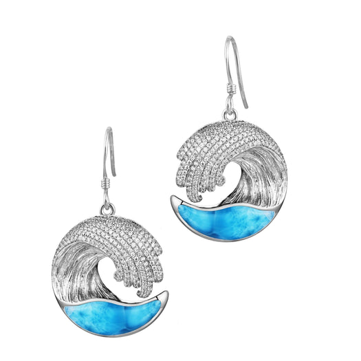 The picture shows a large pair of 925 sterling silver larimar ocean wave hook earrings with topaz.