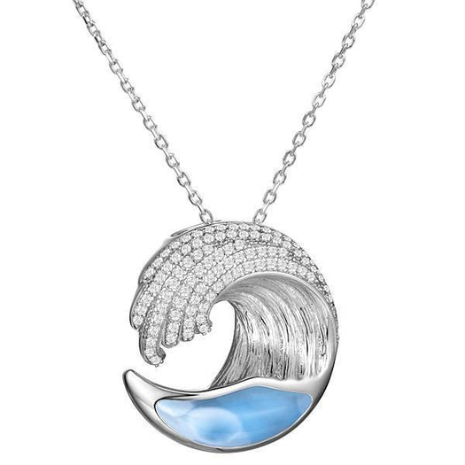 The picture shows a medium 925 sterling silver larimar ocean wave pendant with topaz.