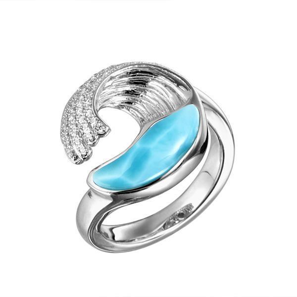 The picture shows a 925 sterling silver larimar ocean wave ring with cubic zirconia
