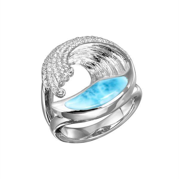 The picture shows a 925 sterling silver larimar ocean wave split band ring with cubic zirconia.